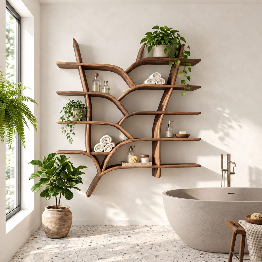 Tree Branch Wall Bookshelf, Floating Solid Wood Tree Shelf with Forked Trunks and Five Tiers of Slab Shelves