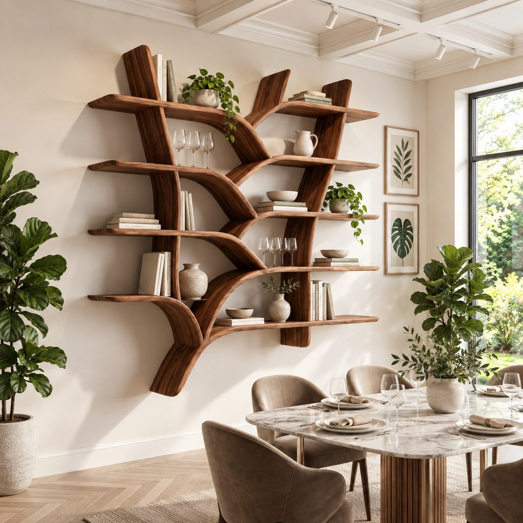 Tree Branch Wall Bookshelf, Floating Solid Wood Tree Shelf with Forked Trunks and Five Tiers of Slab Shelves