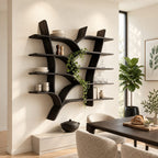 Tree Branch Wall Bookshelf, Floating Solid Wood Tree Shelf with Forked Trunks and Five Tiers of Slab Shelves