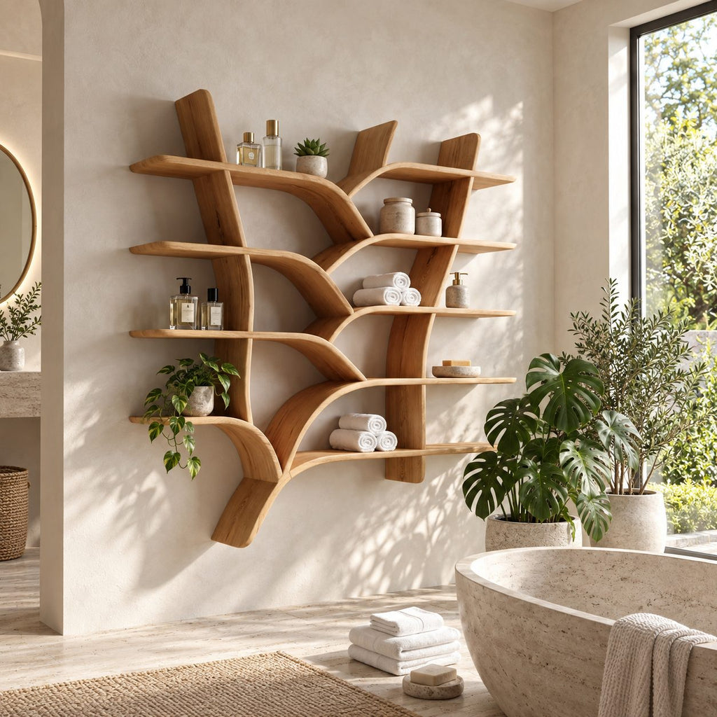 Tree Branch Wall Bookshelf, Floating Solid Wood Tree Shelf with Forked Trunks and Five Tiers of Slab Shelves