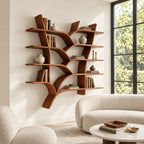 Tree Branch Wall Bookshelf, Floating Solid Wood Tree Shelf with Forked Trunks and Five Tiers of Slab Shelves