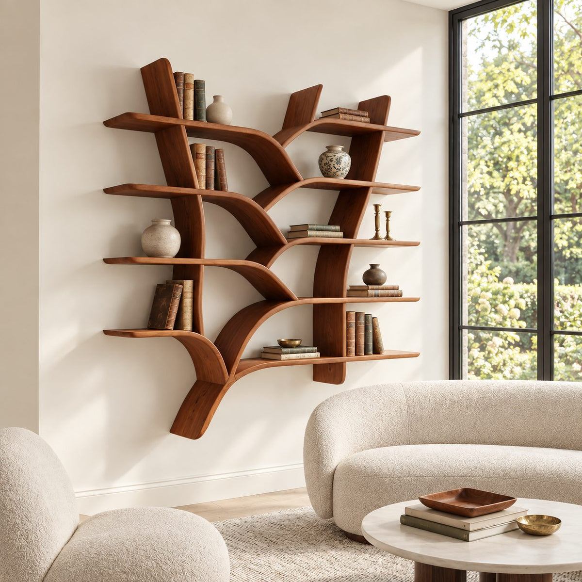 Tree Branch Wall Bookshelf, Floating Solid Wood Tree Shelf with Forked Trunks and Five Tiers of Slab Shelves