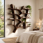 Tree Branch Wall Bookshelf, Floating Solid Wood Tree Shelf with Forked Trunks and Five Tiers of Slab Shelves