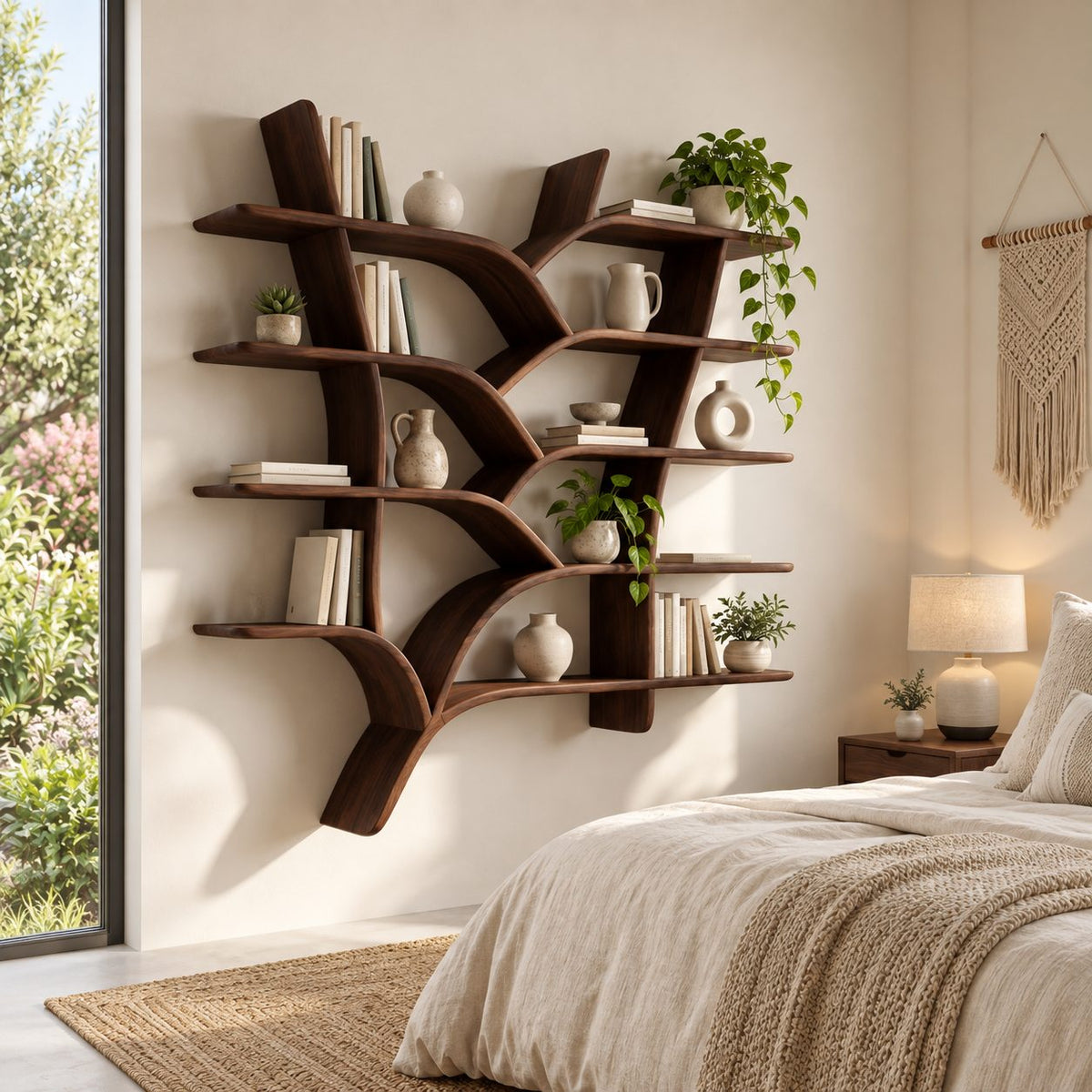 Tree Branch Wall Bookshelf, Floating Solid Wood Tree Shelf with Forked Trunks and Five Tiers of Slab Shelves