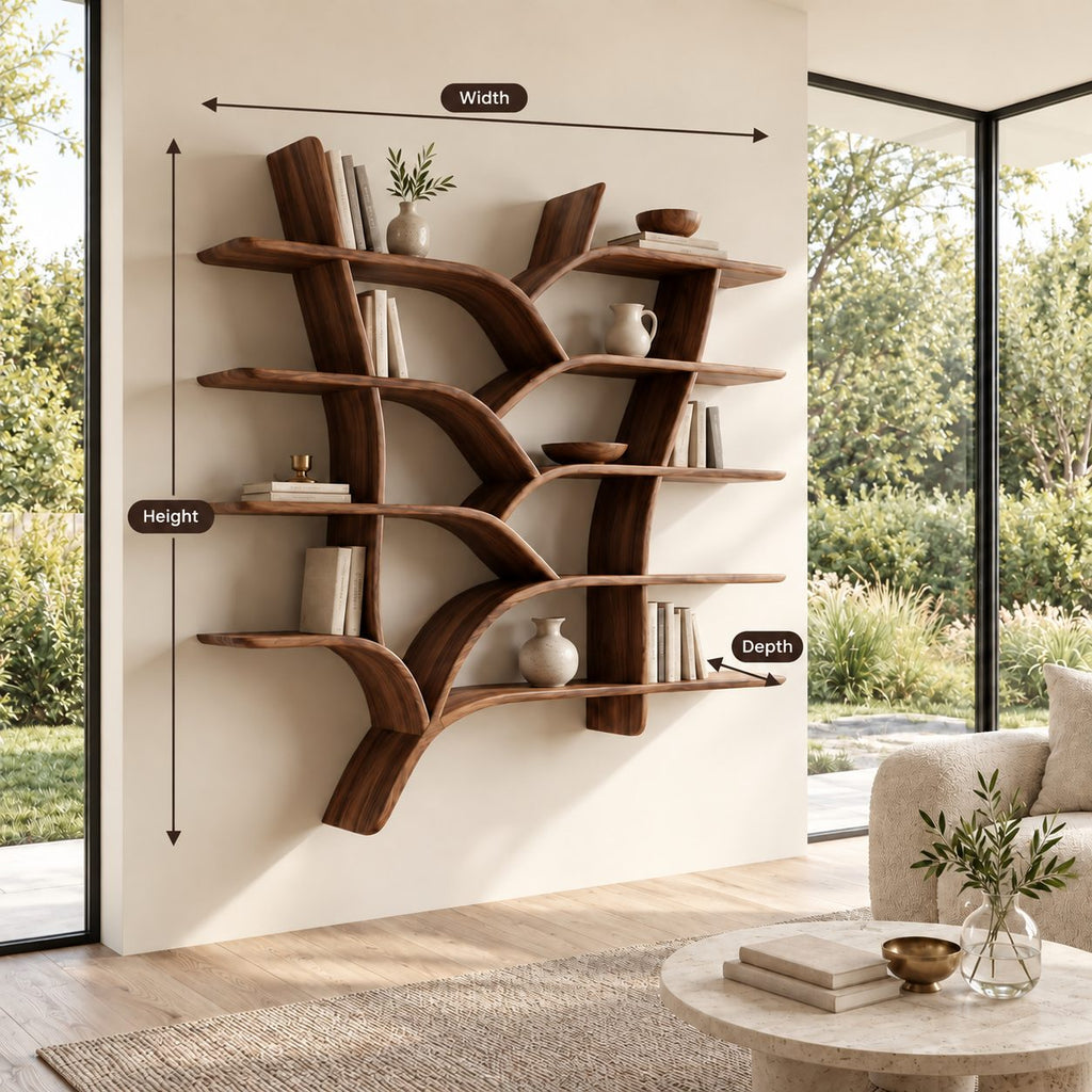 Tree Branch Wall Bookshelf, Floating Solid Wood Tree Shelf with Forked Trunks and Five Tiers of Slab Shelves