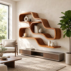 Double Wave Floating Shelves, Solid Wood Ribbon Wall Shelf with Two Flowing Compartments and Long Base Ledge