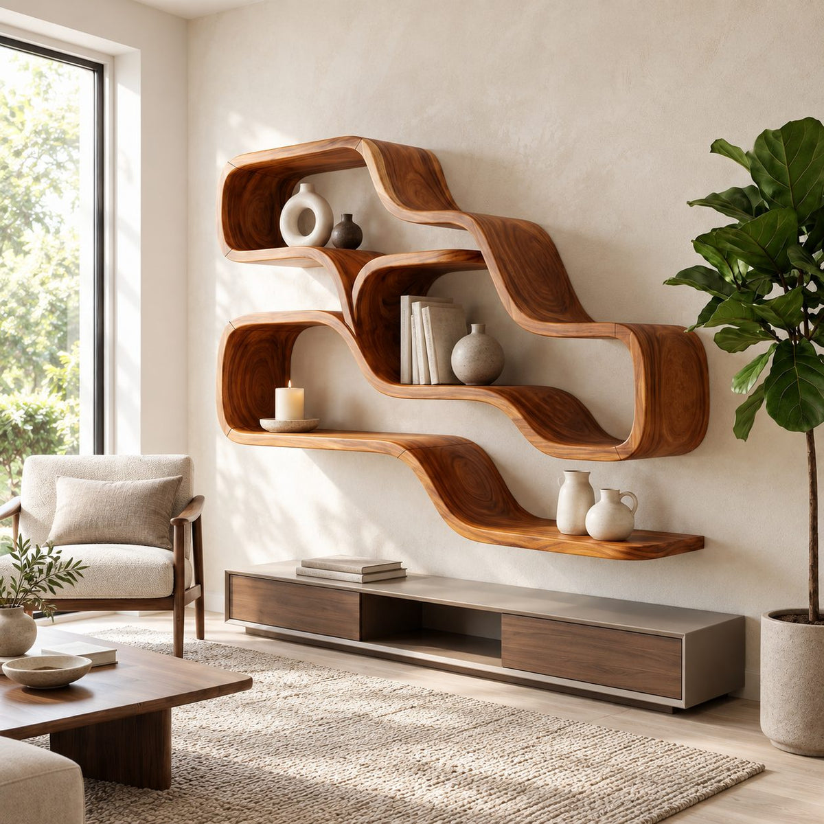 Double Wave Floating Shelves, Solid Wood Ribbon Wall Shelf with Two Flowing Compartments and Long Base Ledge