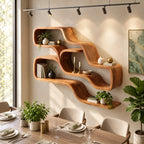 Double Wave Floating Shelves, Solid Wood Ribbon Wall Shelf with Two Flowing Compartments and Long Base Ledge