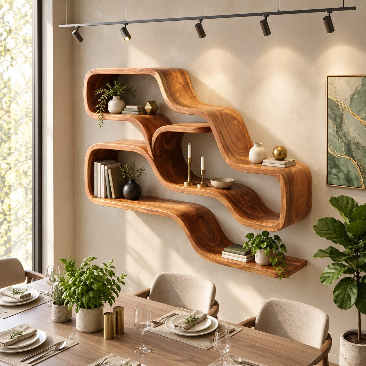 Double Wave Floating Shelves, Solid Wood Ribbon Wall Shelf with Two Flowing Compartments and Long Base Ledge