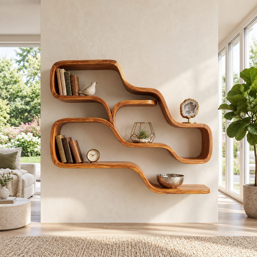 Double Wave Floating Shelves, Solid Wood Ribbon Wall Shelf with Two Flowing Compartments and Long Base Ledge