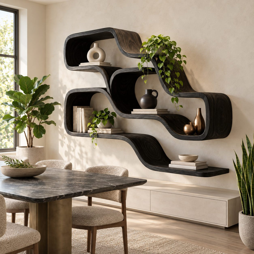 Double Wave Floating Shelves, Solid Wood Ribbon Wall Shelf with Two Flowing Compartments and Long Base Ledge