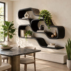 Double Wave Floating Shelves, Solid Wood Ribbon Wall Shelf with Two Flowing Compartments and Long Base Ledge