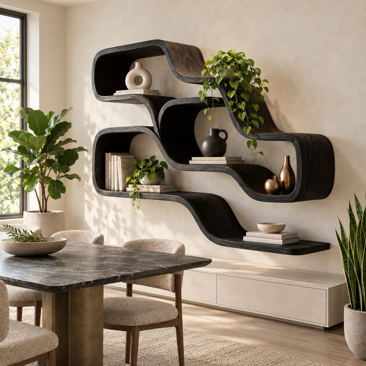 Double Wave Floating Shelves, Solid Wood Ribbon Wall Shelf with Two Flowing Compartments and Long Base Ledge