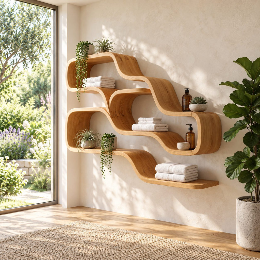 Double Wave Floating Shelves, Solid Wood Ribbon Wall Shelf with Two Flowing Compartments and Long Base Ledge