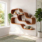 Double Wave Floating Shelves, Solid Wood Ribbon Wall Shelf with Two Flowing Compartments and Long Base Ledge