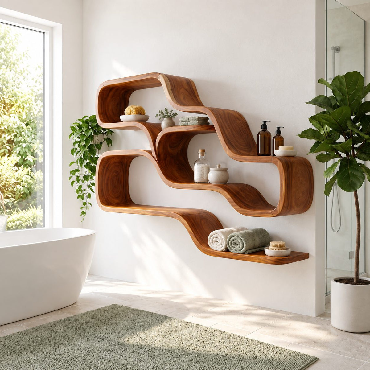 Double Wave Floating Shelves, Solid Wood Ribbon Wall Shelf with Two Flowing Compartments and Long Base Ledge
