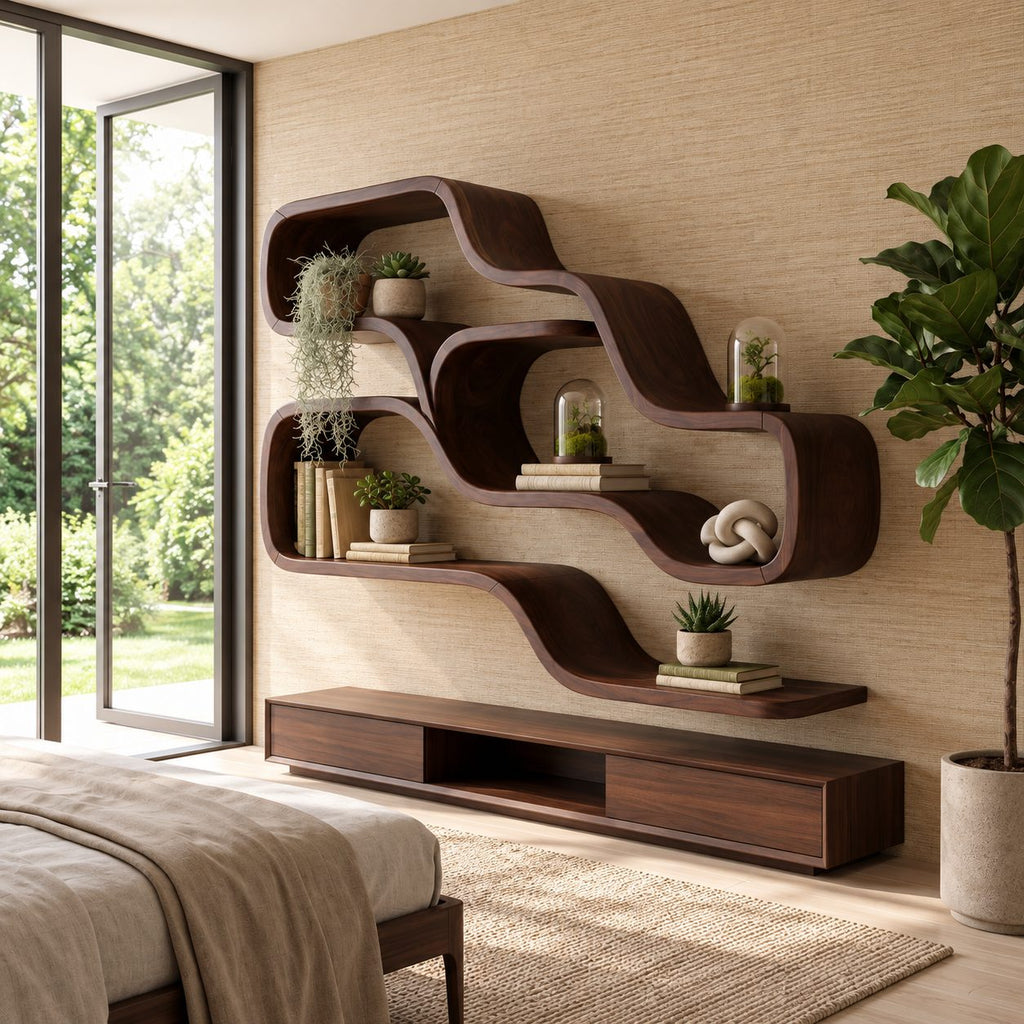 Double Wave Floating Shelves, Solid Wood Ribbon Wall Shelf with Two Flowing Compartments and Long Base Ledge