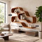 Double Wave Floating Shelves, Solid Wood Ribbon Wall Shelf with Two Flowing Compartments and Long Base Ledge
