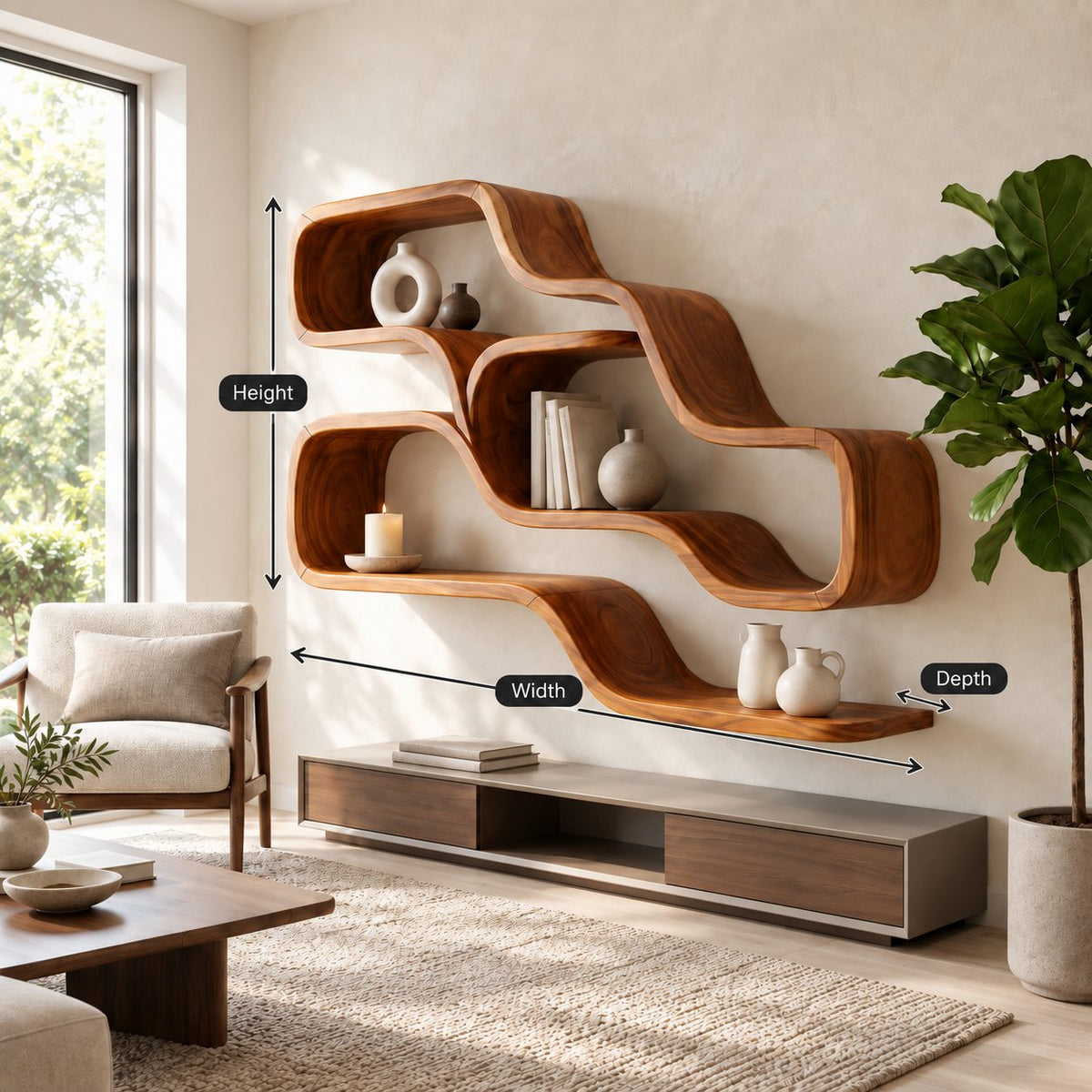 Double Wave Floating Shelves, Solid Wood Ribbon Wall Shelf with Two Flowing Compartments and Long Base Ledge