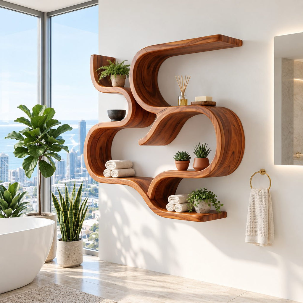 Scroll Curve Wall Shelf, Sculptural Solid Wood Floating Shelves with Swirling S Bands and Three Open Levels