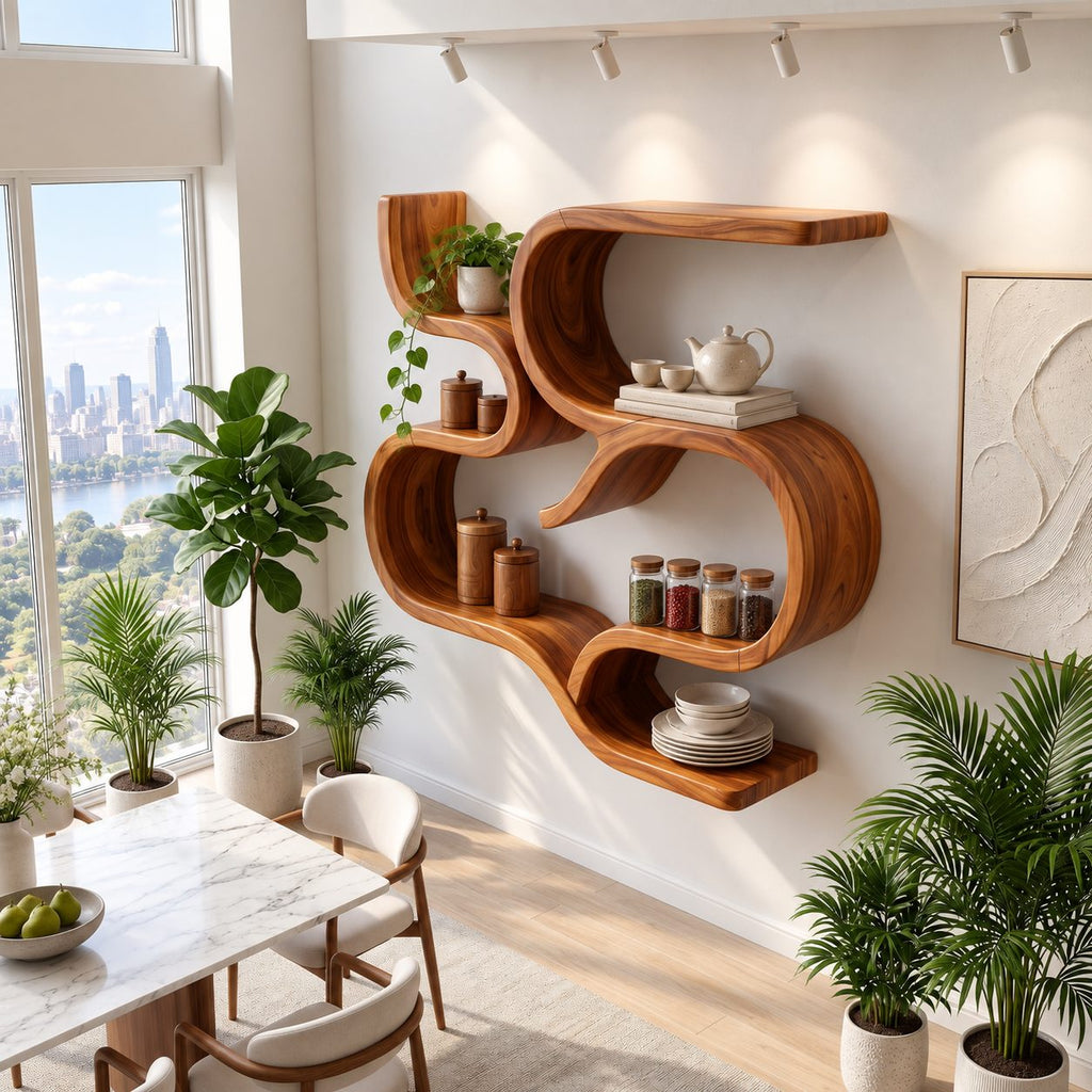 Scroll Curve Wall Shelf, Sculptural Solid Wood Floating Shelves with Swirling S Bands and Three Open Levels