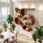 Scroll Curve Wall Shelf, Sculptural Solid Wood Floating Shelves with Swirling S Bands and Three Open Levels