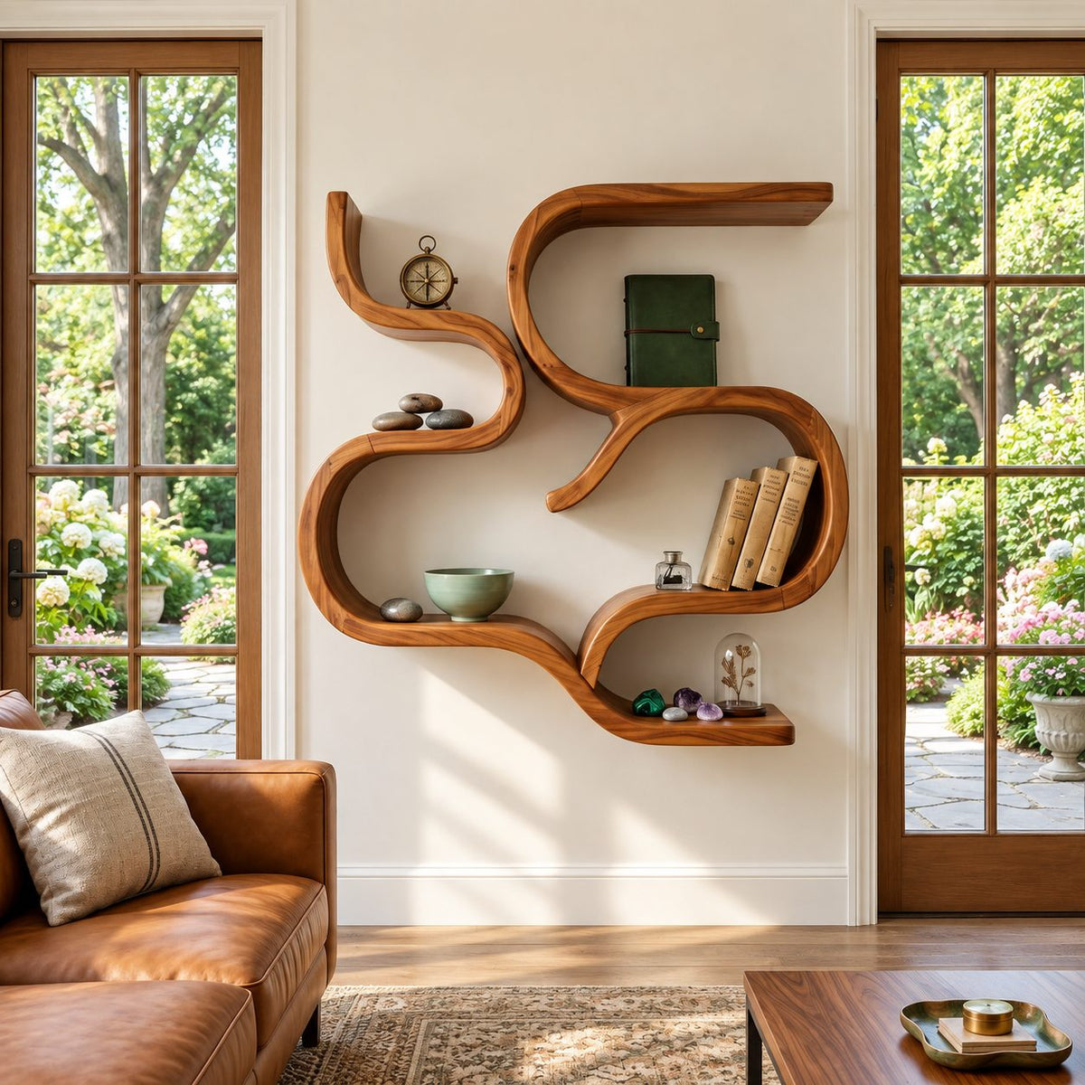 Scroll Curve Wall Shelf, Sculptural Solid Wood Floating Shelves with Swirling S Bands and Three Open Levels