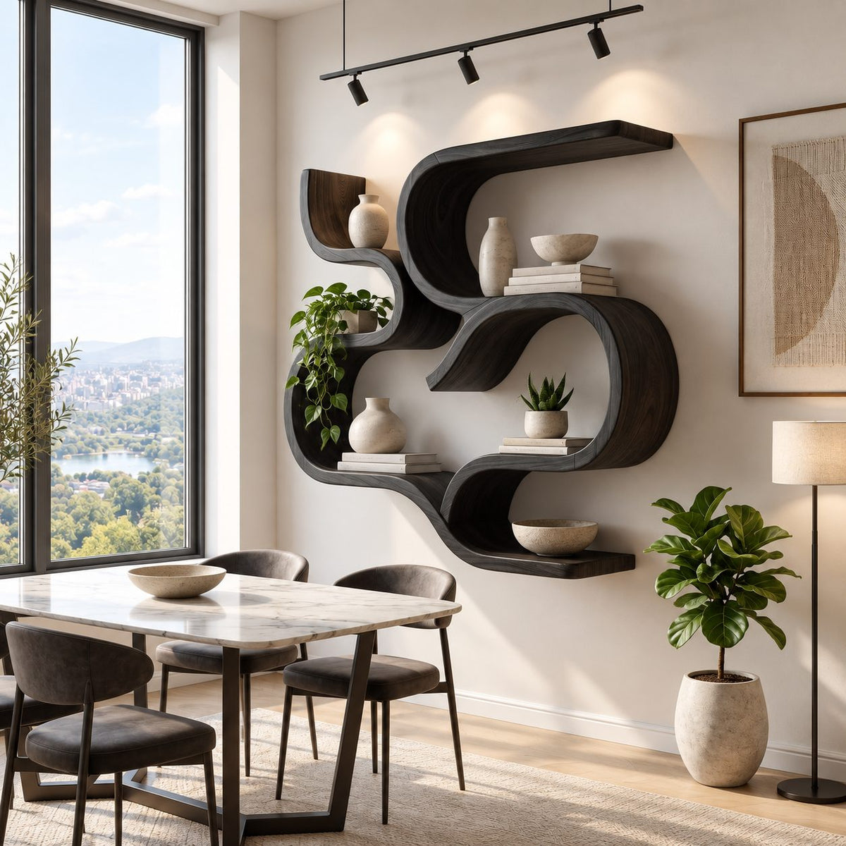 Scroll Curve Wall Shelf, Sculptural Solid Wood Floating Shelves with Swirling S Bands and Three Open Levels