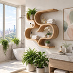 Scroll Curve Wall Shelf, Sculptural Solid Wood Floating Shelves with Swirling S Bands and Three Open Levels