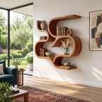 Scroll Curve Wall Shelf, Sculptural Solid Wood Floating Shelves with Swirling S Bands and Three Open Levels