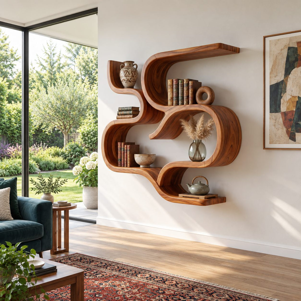 Scroll Curve Wall Shelf, Sculptural Solid Wood Floating Shelves with Swirling S Bands and Three Open Levels