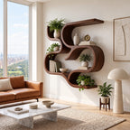Scroll Curve Wall Shelf, Sculptural Solid Wood Floating Shelves with Swirling S Bands and Three Open Levels
