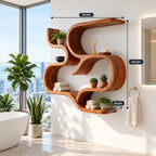 Scroll Curve Wall Shelf, Sculptural Solid Wood Floating Shelves with Swirling S Bands and Three Open Levels