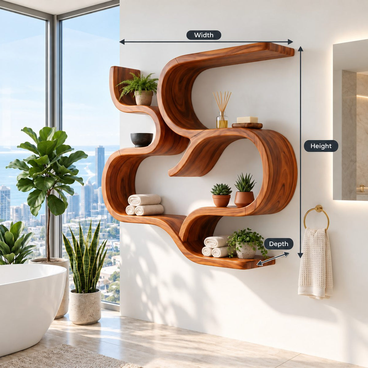 Scroll Curve Wall Shelf, Sculptural Solid Wood Floating Shelves with Swirling S Bands and Three Open Levels