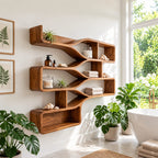 Branching Wave Cubby Shelf, Mid Century Solid Wood Wall Shelves with Curved Dividers and Three Stacked Trays