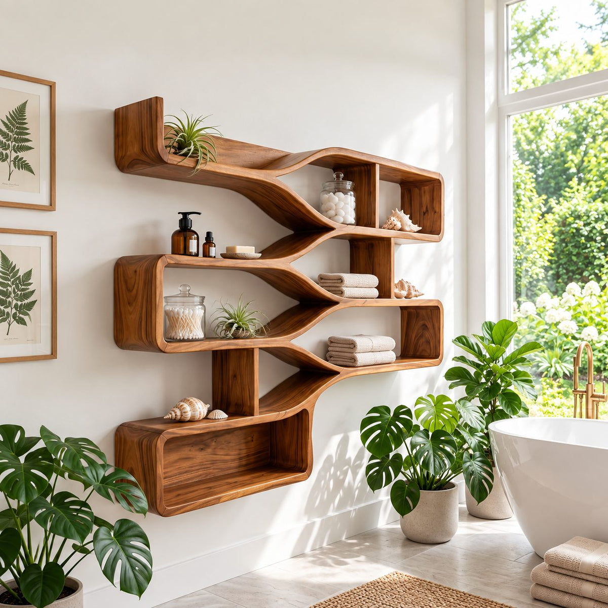 Branching Wave Cubby Shelf, Mid Century Solid Wood Wall Shelves with Curved Dividers and Three Stacked Trays