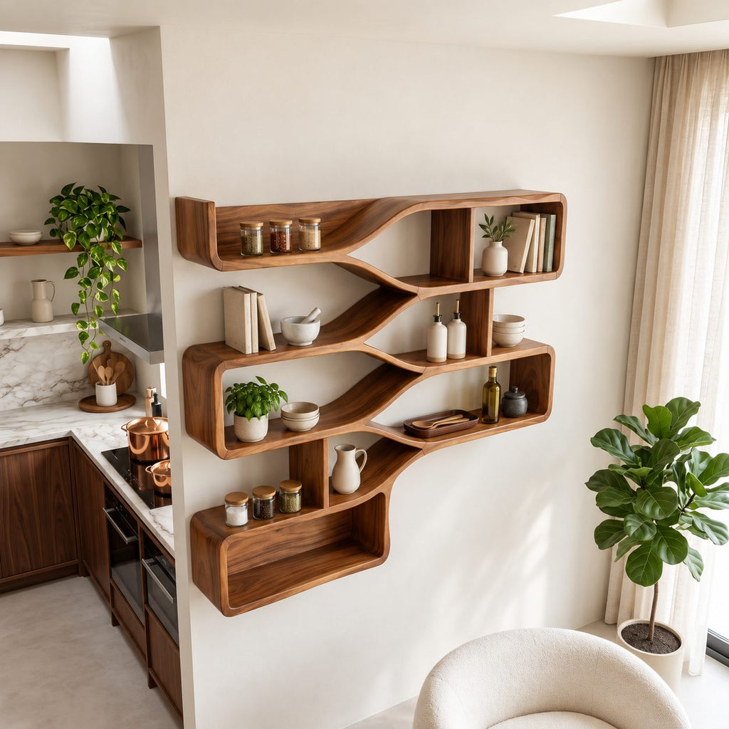 Branching Wave Cubby Shelf, Mid Century Solid Wood Wall Shelves with Curved Dividers and Three Stacked Trays