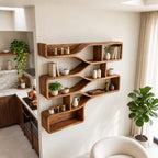 Branching Wave Cubby Shelf, Mid Century Solid Wood Wall Shelves with Curved Dividers and Three Stacked Trays