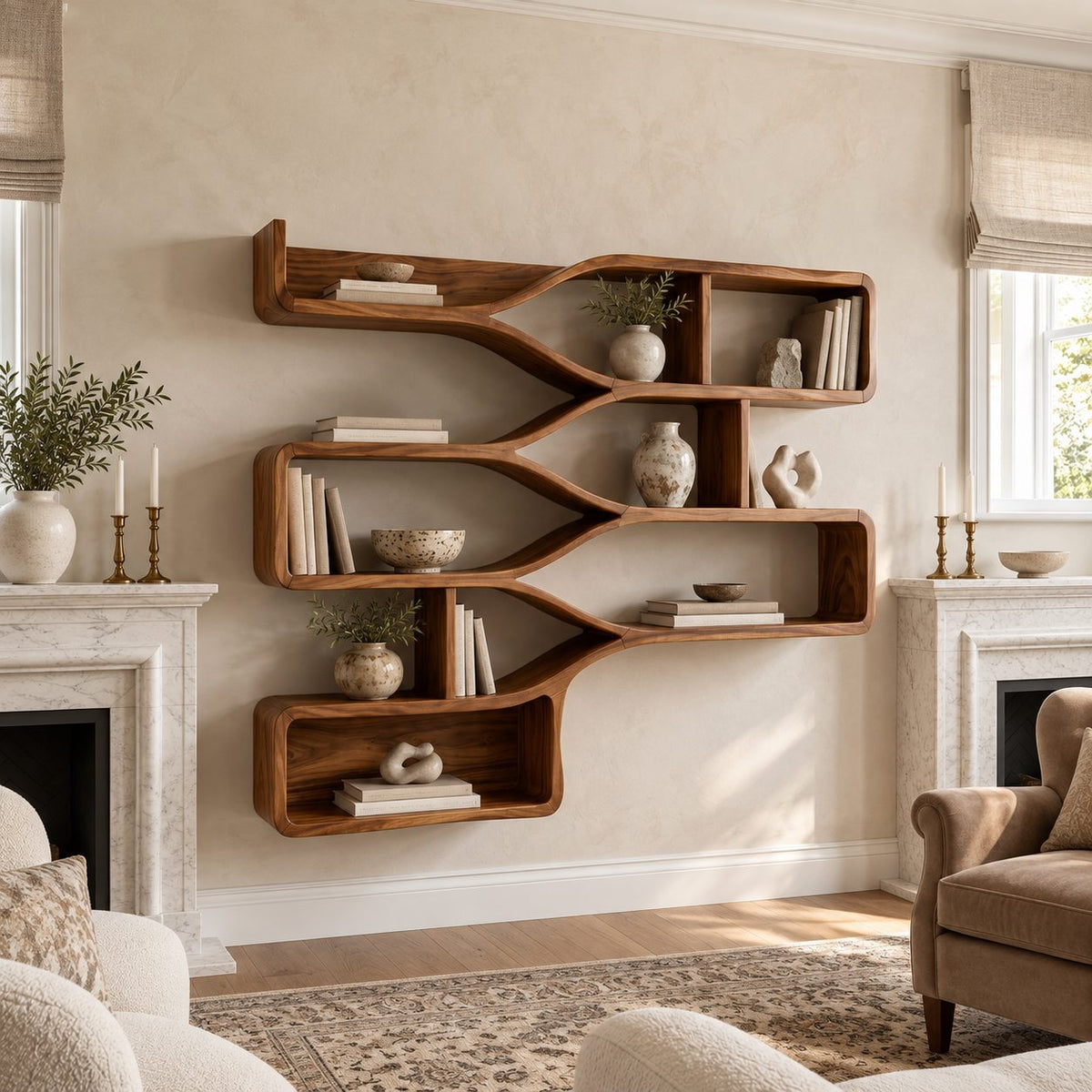Branching Wave Cubby Shelf, Mid Century Solid Wood Wall Shelves with Curved Dividers and Three Stacked Trays