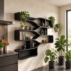 Branching Wave Cubby Shelf, Mid Century Solid Wood Wall Shelves with Curved Dividers and Three Stacked Trays