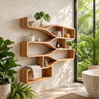 Branching Wave Cubby Shelf, Mid Century Solid Wood Wall Shelves with Curved Dividers and Three Stacked Trays