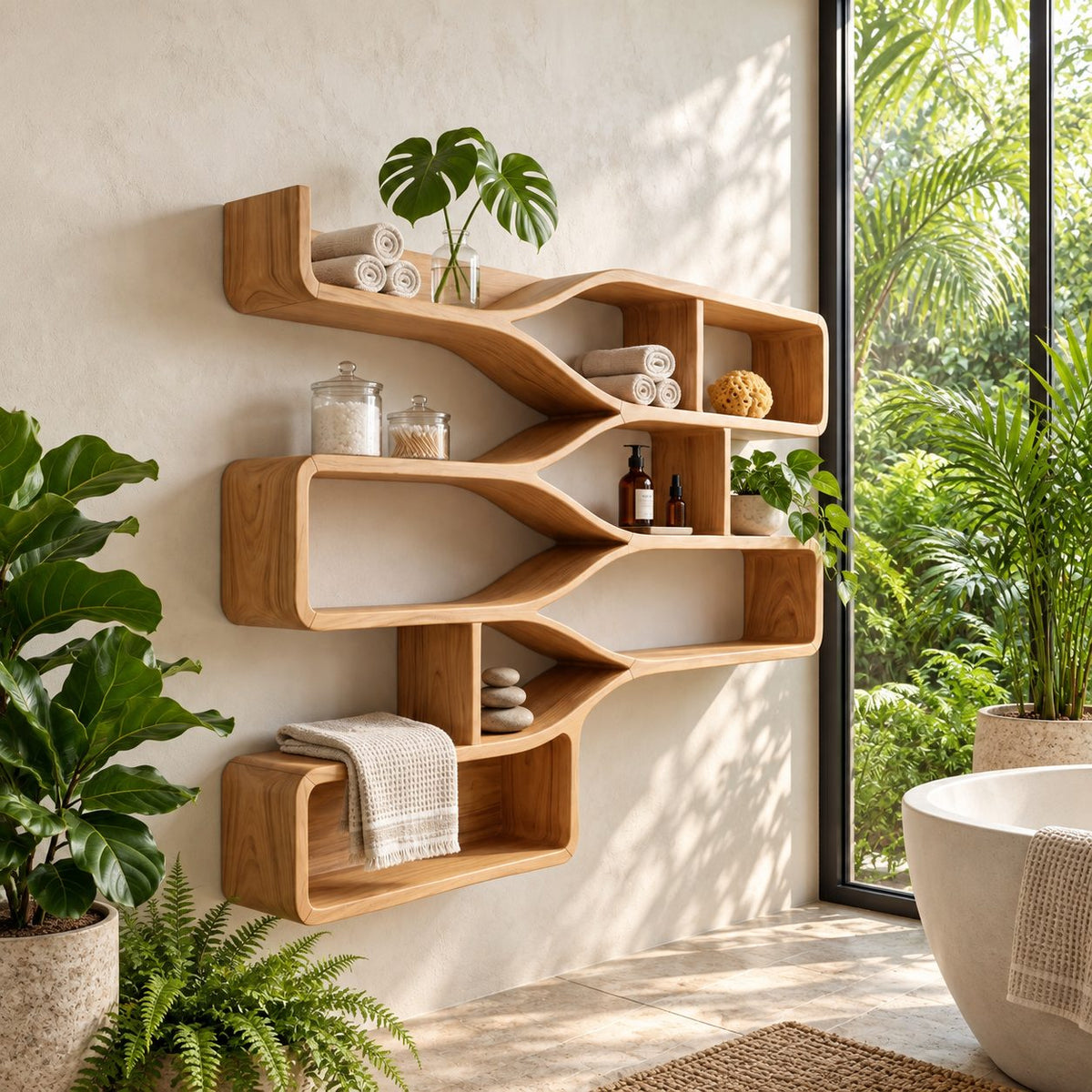 Branching Wave Cubby Shelf, Mid Century Solid Wood Wall Shelves with Curved Dividers and Three Stacked Trays