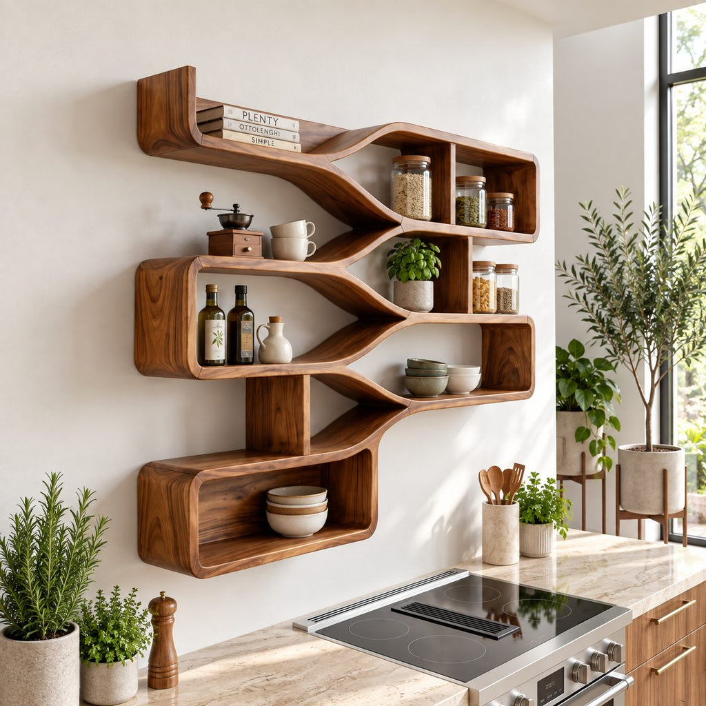 Branching Wave Cubby Shelf, Mid Century Solid Wood Wall Shelves with Curved Dividers and Three Stacked Trays