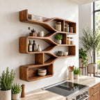 Branching Wave Cubby Shelf, Mid Century Solid Wood Wall Shelves with Curved Dividers and Three Stacked Trays