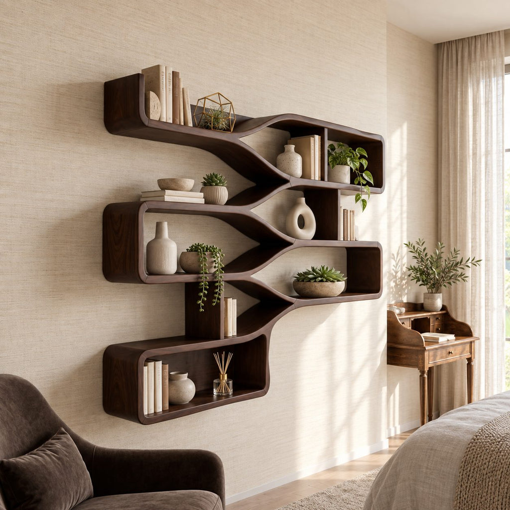 Branching Wave Cubby Shelf, Mid Century Solid Wood Wall Shelves with Curved Dividers and Three Stacked Trays