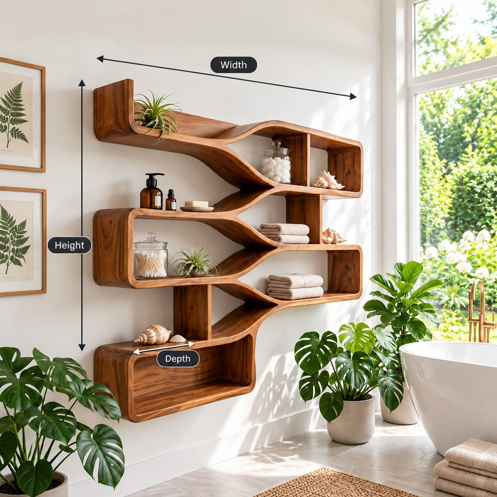Branching Wave Cubby Shelf, Mid Century Solid Wood Wall Shelves with Curved Dividers and Three Stacked Trays