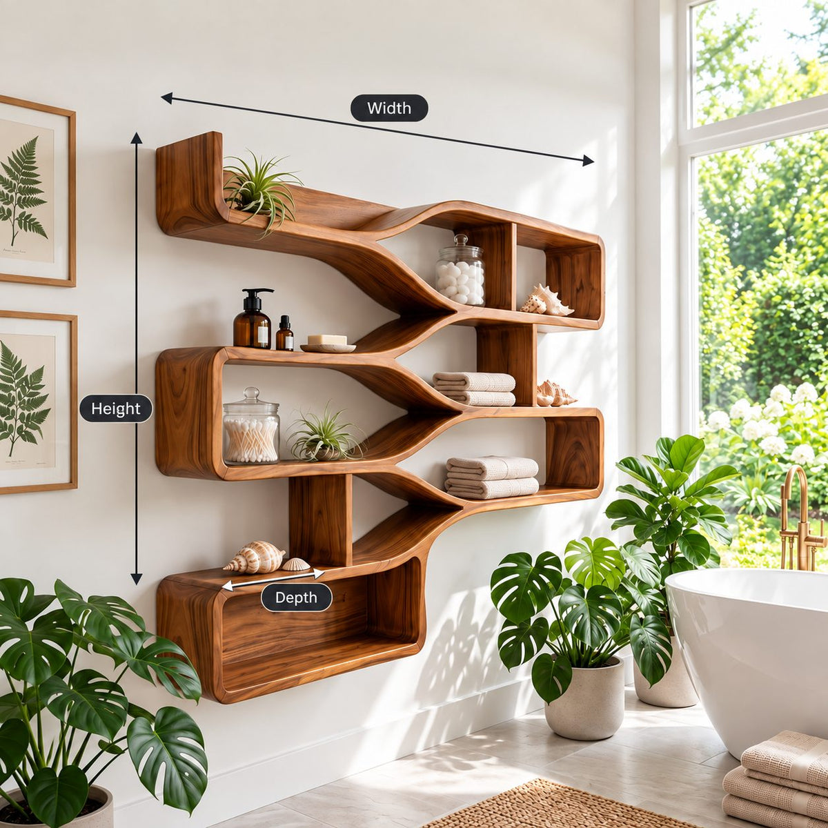 Branching Wave Cubby Shelf, Mid Century Solid Wood Wall Shelves with Curved Dividers and Three Stacked Trays