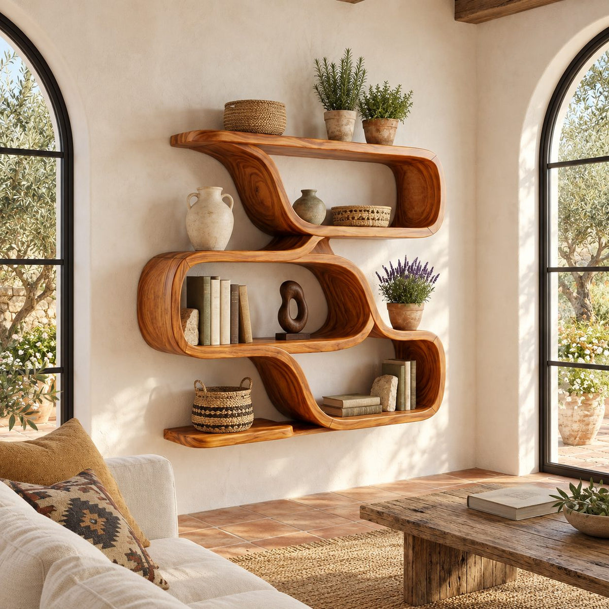 Folded Ribbon Wall Shelf, Farmhouse Solid Wood Floating Shelves with Three Stacked S Curve Tiers