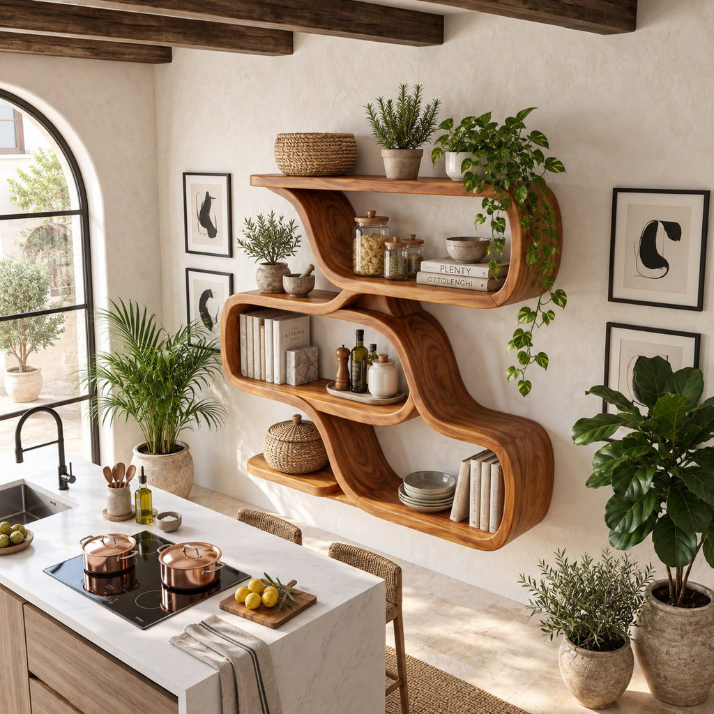 Folded Ribbon Wall Shelf, Farmhouse Solid Wood Floating Shelves with Three Stacked S Curve Tiers