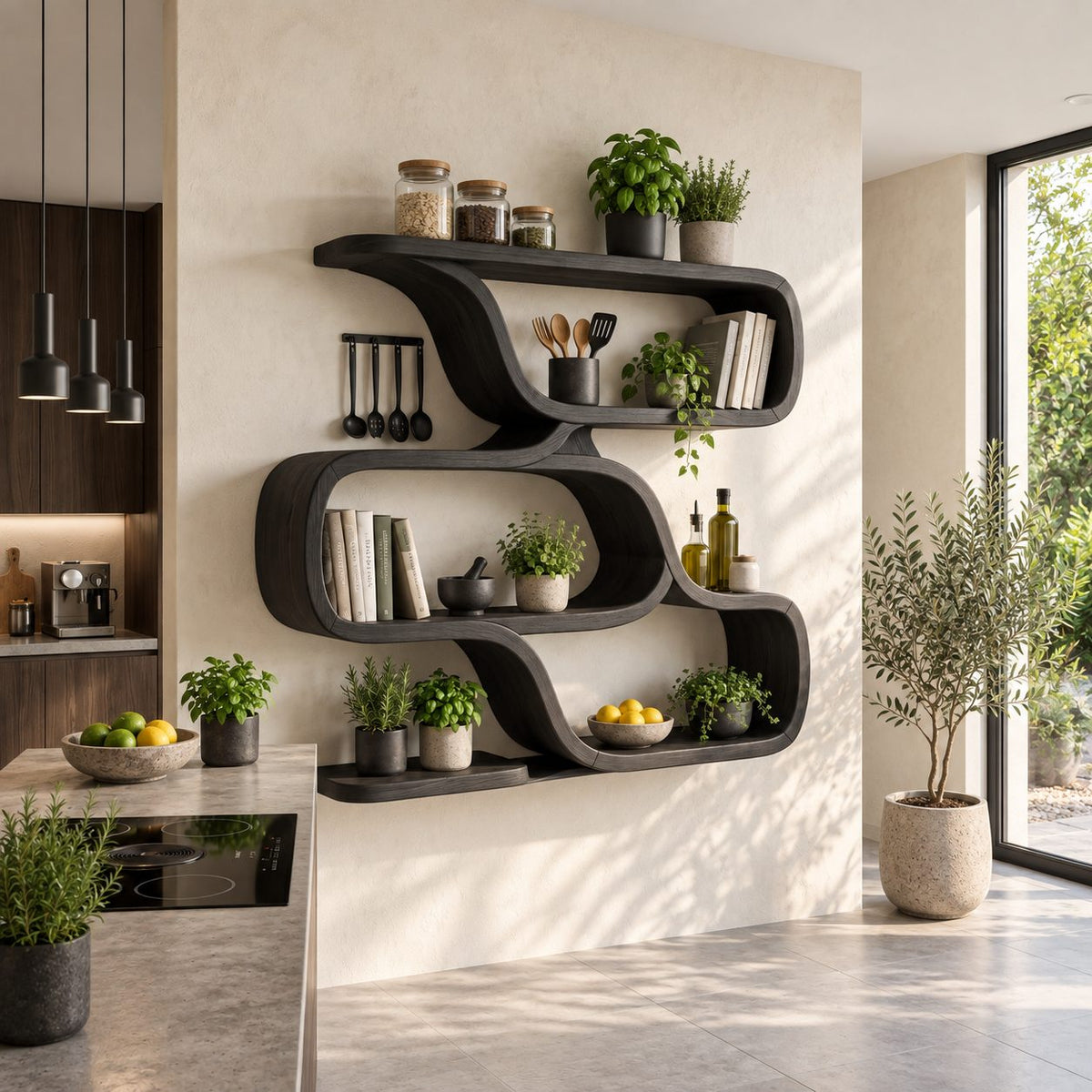 Folded Ribbon Wall Shelf, Farmhouse Solid Wood Floating Shelves with Three Stacked S Curve Tiers